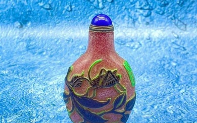Peking Glass Decorated Locus & Bat Snuff Bottle With Stopper