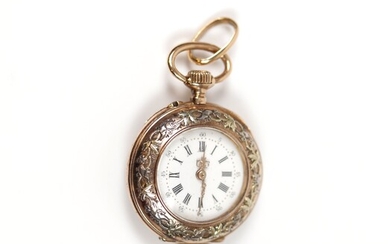 Petite montre de col en or rose et or jaune (750) ornée de petites perles....