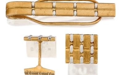 Piaget, A pair of two tone cufflinks and a tie clip, by Piaget, of matching two tone stitched design, the cufflinks with rectangular panels to hinged bar fittings, all stamped 750