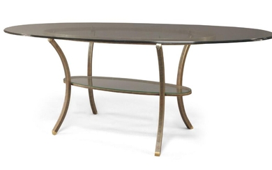 Pierre Vandel; A French contemporary designed metal oval dining table and set of six chairs, all with cream upholstered seats, the chairs with cross rail backs, each standing 94cm high; the dining table with a glass top, raised on a metal frame...