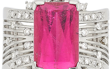 Pink Tourmaline, Diamond, Platinum Ring Stones: Rectangular-cut pink tourmaline...
