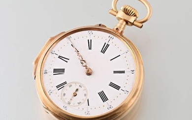 Pocket watch in 750-thousandths gold, round shape, white enamelled dial with Roman numerals for the hours and Arabic numerals for the minutes, auxiliary seconds dial at 6 o'clock, reverse engraved with a numeral in a frame of foliated foliage, double...