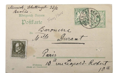 Postcard Franz Marc personal postcard with signature, Munich, 21.V.(19)07, with stamp and postmark, to Barnesse Mlle. Durant in Paris, friendly greetings and the heartfelt wish ''that you move this summer to our proximity to the country (monastery...