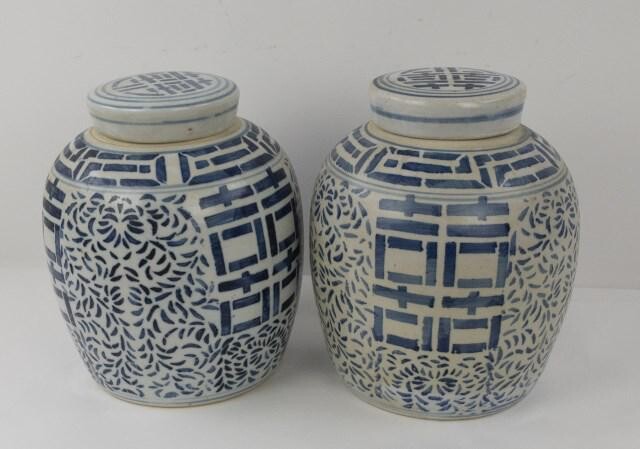 Pr. Blue and White Ginger Jars with Lids