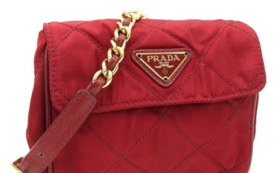 Prada Shoulder Bag Red Nylon Leather Chain Ladies Quilted PRADA