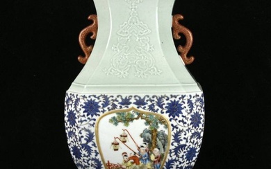 Qing Dynasty Qianlong bean green glaze carved blue and white enamel painted amphora