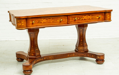 REGENCY MARQUETRY MAHOGANY AND SATINWOOD TABLE, H 29" W 31" L 50"