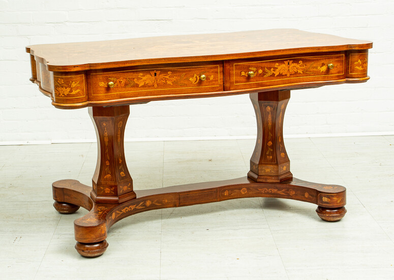 REGENCY MARQUETRY MAHOGANY AND SATINWOOD TABLE, H 29" W 31" L 50"