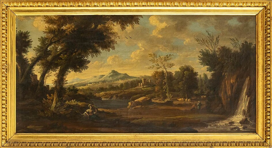 ROMAN SCHOOL, 18th CENTURY Landscape with waterfall, pond and...
