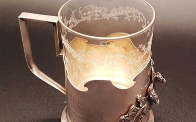 RUSSIAN SILVER TEA GLASS HOLDER w. TROIKA, 1908