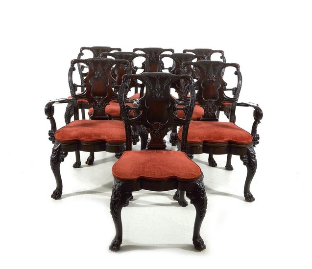 Rare Irish Chippendale style carved mahogany dining chairs (8pcs)