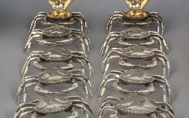 Rare suite of ten salt bowls in the shape of a crab with a silver articulated shell, the interiors glazed
