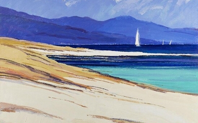 Robert Kelsey DA MUNIV PAI FRSA, Scottish b.1949 - Silver Sands, Iona; oil on canvas, signed lower left 'Kelsey' and signed, titled and with artist's label on the reverse, 101.5 x 101 cm (unframed) (ARR)