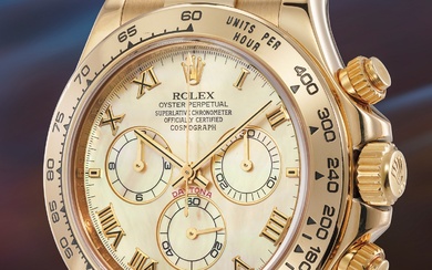 Rolex, Ref. 116518 A rare and luxurious yellow gold chronograph wristwatch with yellow mother-of-pearl dial, Roman numerals and guarantee