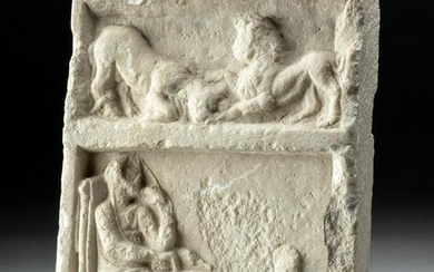 Roman Marble Relief Stele - Mother, Child, Lion, & Bull