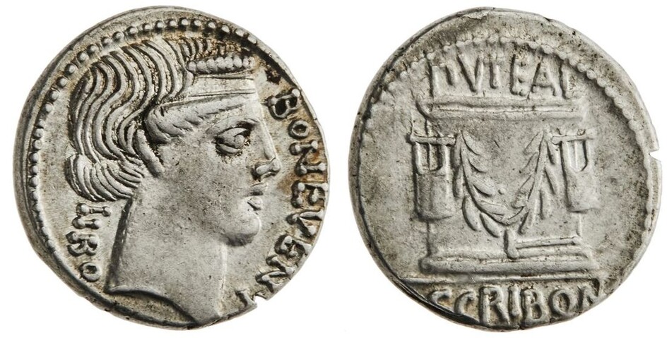 Roman Republic. L. Scribonius Libo. AR Denarius, 62 BC. 3.9 gms. Head of Bonus Eventus right, r...
