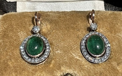 Russian Antique gold Diamonds Emeralds Earrings, Antique Russian rose gold 14 carat earrings with
