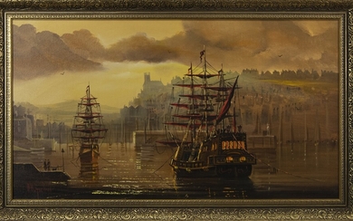 SHIPS AT DOCK, AN OIL BY W H STOCKMAN