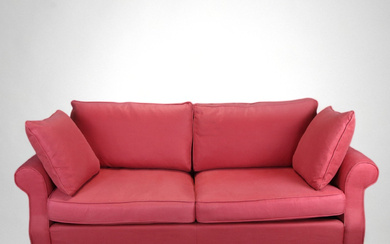 SOFA, 3-seater, upholstered in rose red woven fabric, loose seat and back cushions filled with down/feather, purchased at Kostallet Design, Gantofta, contemporary.