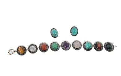 South Africa Sterling Bracelet & Earrings, by “P.J” Native Stones C 1970 L 7 3/4”