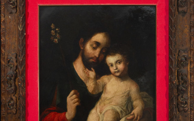 Saint Joseph with Child in large oil on copper -...