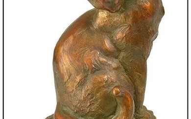 Sandy Scott Preening Cat Original Bronze Sculpture Signed Animal Statue Artwork