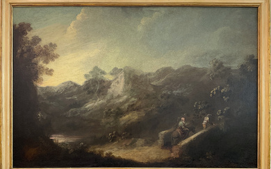 Scuola veneta del secolo XVIII "Viandanti in un paesaggio" olio su tela (cm 107x160) in cornice (difetti)