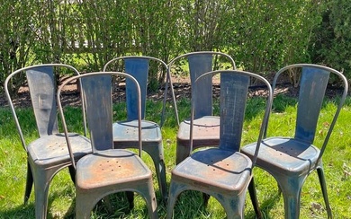 Set of Six Rare Authentic French "Model A" Tolix Chairs in Original Blue Paint