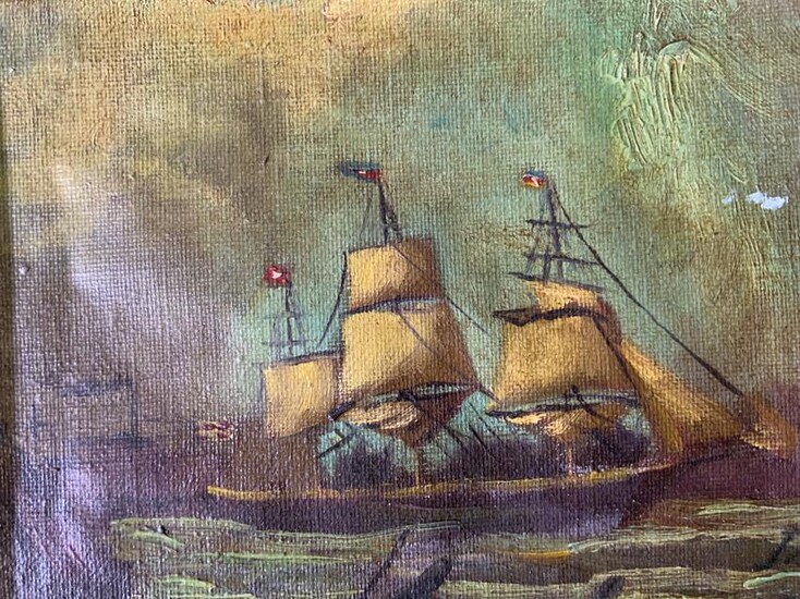 Signed Acrylic Painting of Ship, artwork