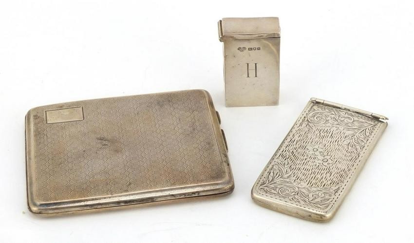 Silver items comprising Victorian card case, cigarette