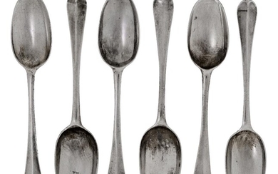 Six 18th century silver rat-tail dessert spoons, three London, 1732, Richard Pargeter, marks rubbed to the other three examples, engraved with identical lion crests to reverse of terminals, approx. 17.5cm long, total weight approx. 8.8oz (6)...