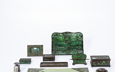 Sixteen-piece Tiffany Studios Pine Needle Pattern Desk Set