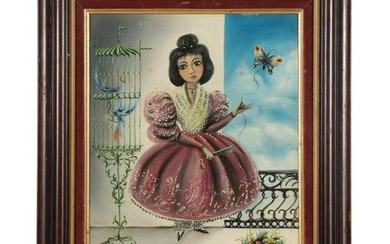 South American Folk Art Oil Painting of Female Portrait