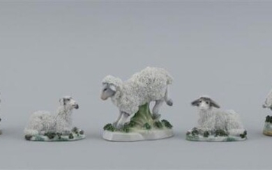 SEVEN STAFFORDSHIRE FIGURES 19th Century Five lambs and...