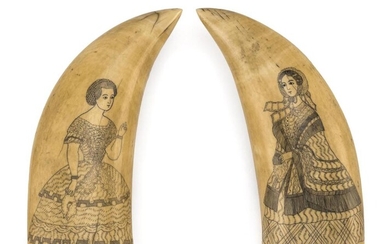 PAIR OF POLYCHROME SCRIMSHAW WHALE'S TEETH DEPICTING FASHION...