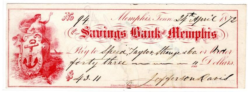 Superb Jefferson Davis Signed Check from Life in
