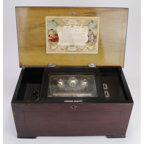 Swiss 10 Airs three bell music box with butterfly hammers, c...