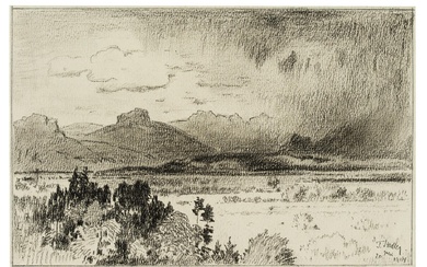 T. STADLER (1850-1917), Mountains with approaching storm, 1914, Charcoal