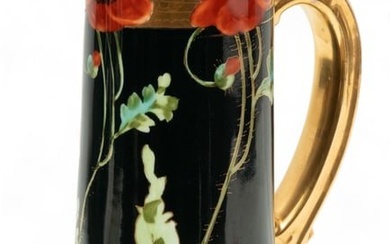 T&V Limoges (French) Painted Porcelain Water Pitcher, Poppy Motif, Ca. 1900, H 14.5" W 6" L 8"