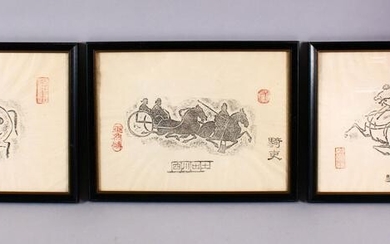 THREE FRAMED CHINESE TEMPLE RUBBINGS, each with a