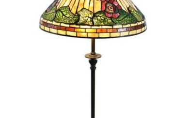 TIFFANY STYLE LEADED STAINED GLASS & BRONZE FLOOR LAMP