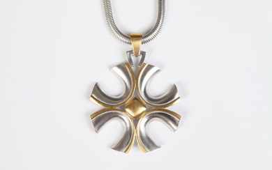TRIFARI TWO CROSS SILVER AND GOLD-TONE NECKLACE WITH SILVER-TONE CHAIN....