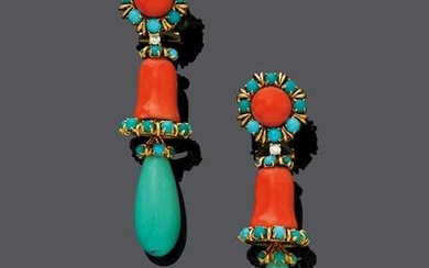 TURQUOISE AND CORAL EAR PENDANTS, ca. 1950.