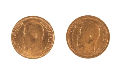 TWO 7.5 ROUBLES GOLD COINS