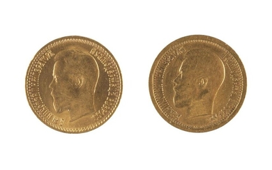 TWO 7.5 ROUBLES GOLD COINS