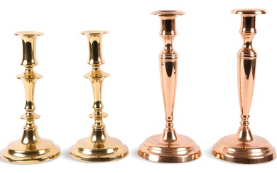TWO PAIRS OF BRASS AND COPPER CANDLESTICKS