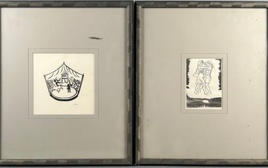TWO WOODCUTS "CIRCUS RING" AND "DAPHNIS AND CHLOE" Framed 19" x 16".