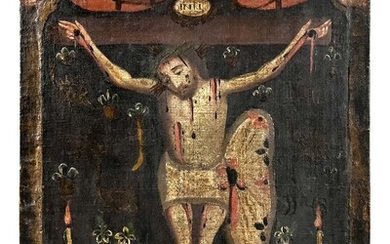 Tableau de saints, Roumanie vers 1800, "Christ en croix", huile sur toile, 55 x 38,5...