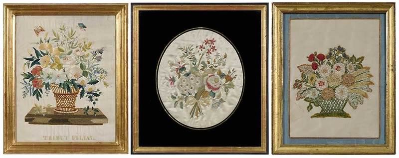 Three Framed Floral Silk Embroideries