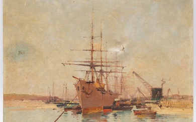 Toegeschreven aan Eugène Galien-Laloue (20ste eeuw) , Gezicht op een Franse haven